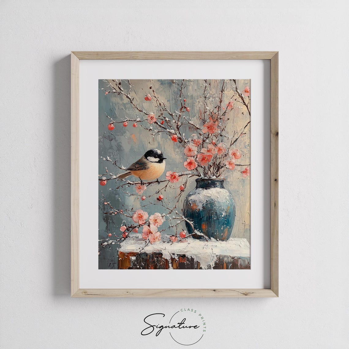 Chickadee Perched on Pink Blossom Branch Winter Oil Painting Print - Image 2