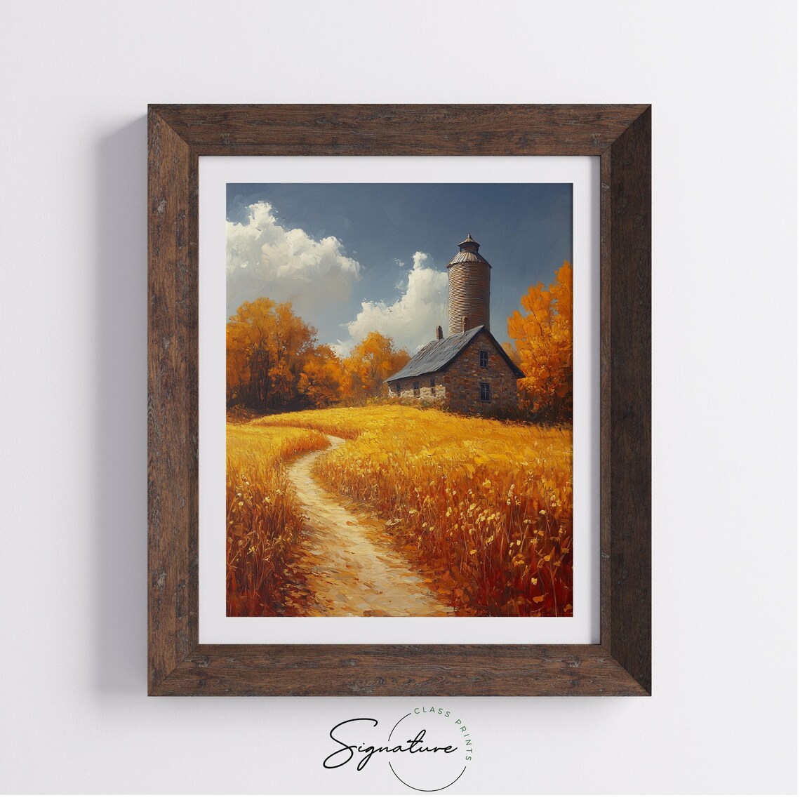 Stone Farmhouse With Tall Silo in Ripe Wheat Field Autumn Landscape Wall Art - Image 4