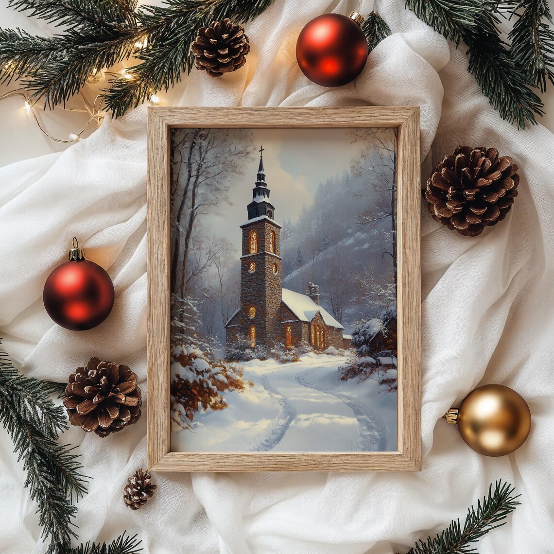 Snowy Stone Church With Glowing Windows And Tall Spire Winter Wall Art - Image 4