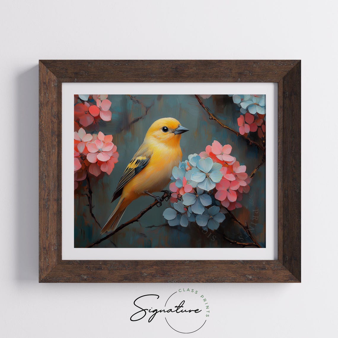 Goldfinch Perched On Hydrangeas Teal Vintage Bird Frame Art Print - Image 3
