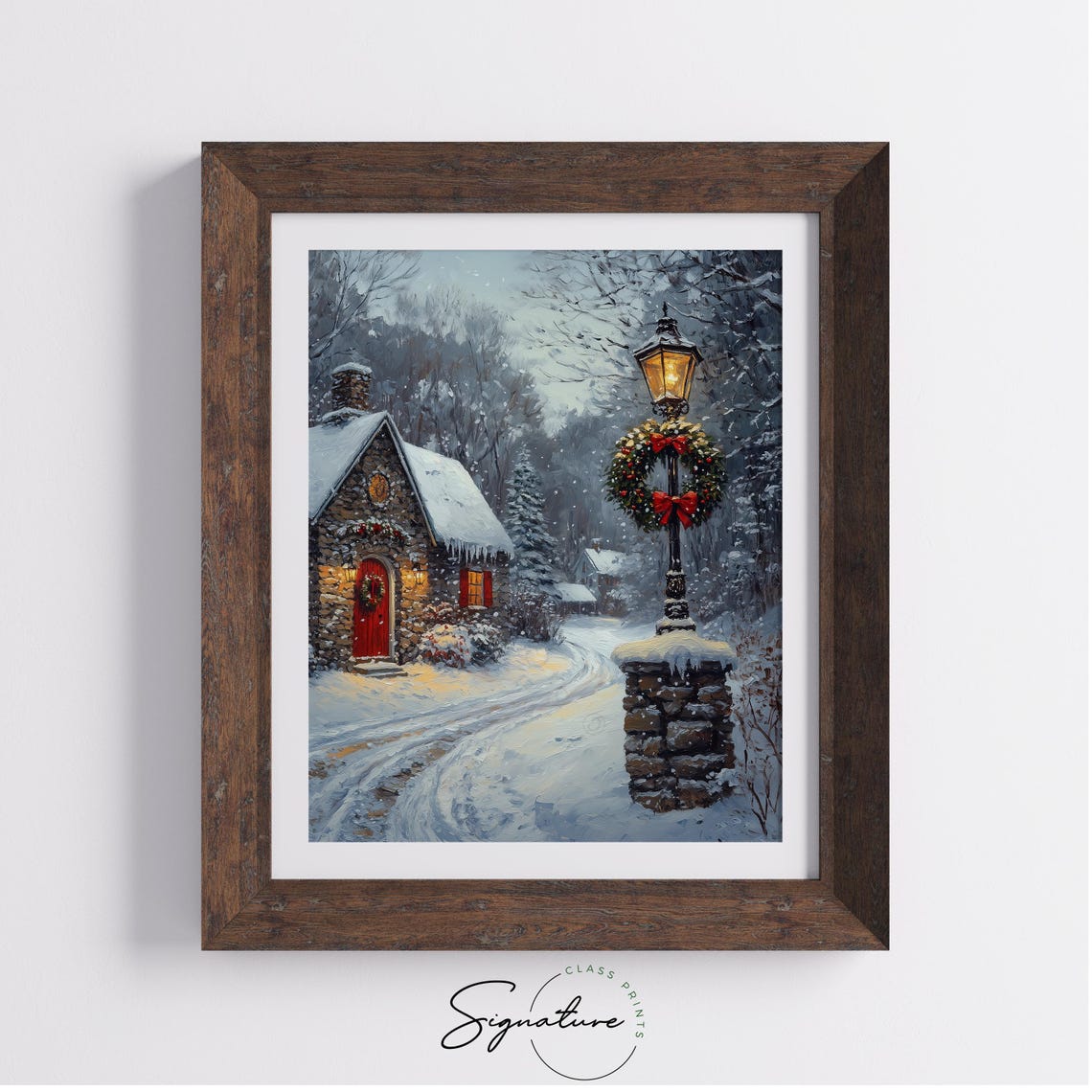 Stone Cottage with Red Door Wreath and Icicles Winter Poster - Image 3