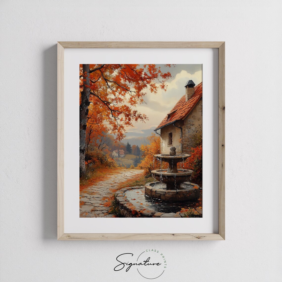 Stone Fountain Courtyard Beside Cottage In Blazing Autumn Trees Poster - Image 3