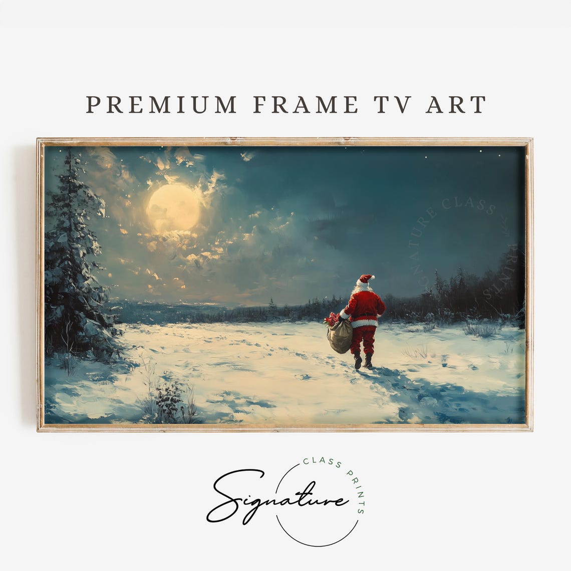 Santa Claus Walking in Moonlit Snowy Field Night Christmas Art Poster