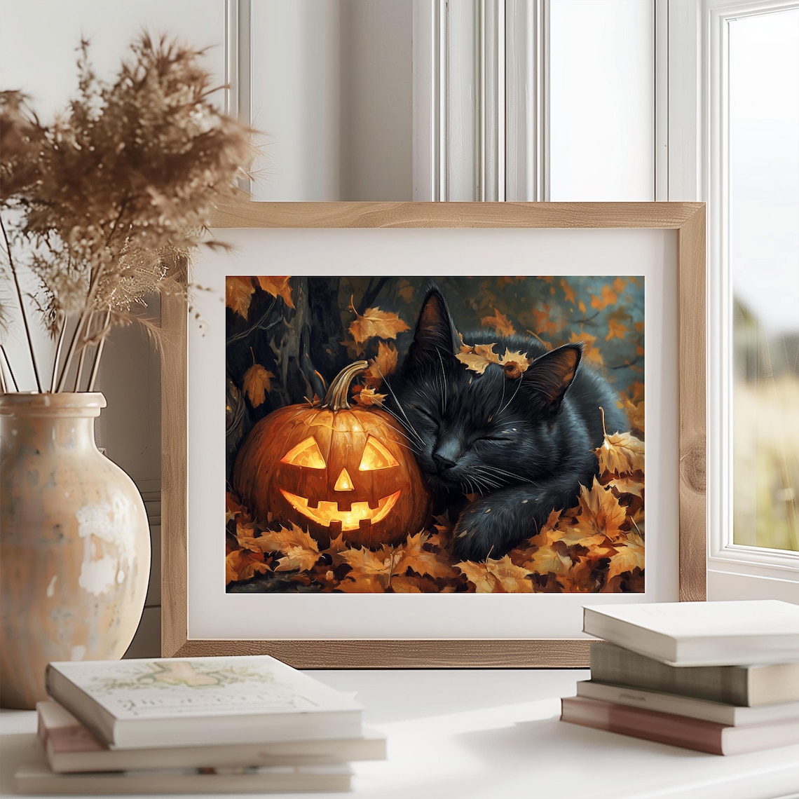 Sleeping Black Cat Nestled Against a Glowing Pumpkin in Fall Leaves Poster - Image 2