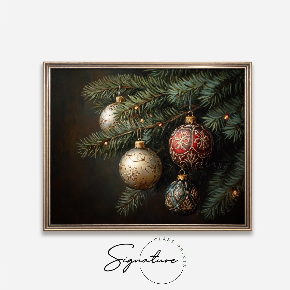 Four Ornate Vintage Christmas Ornaments On A Dark Fir Branch Poster - Image 4