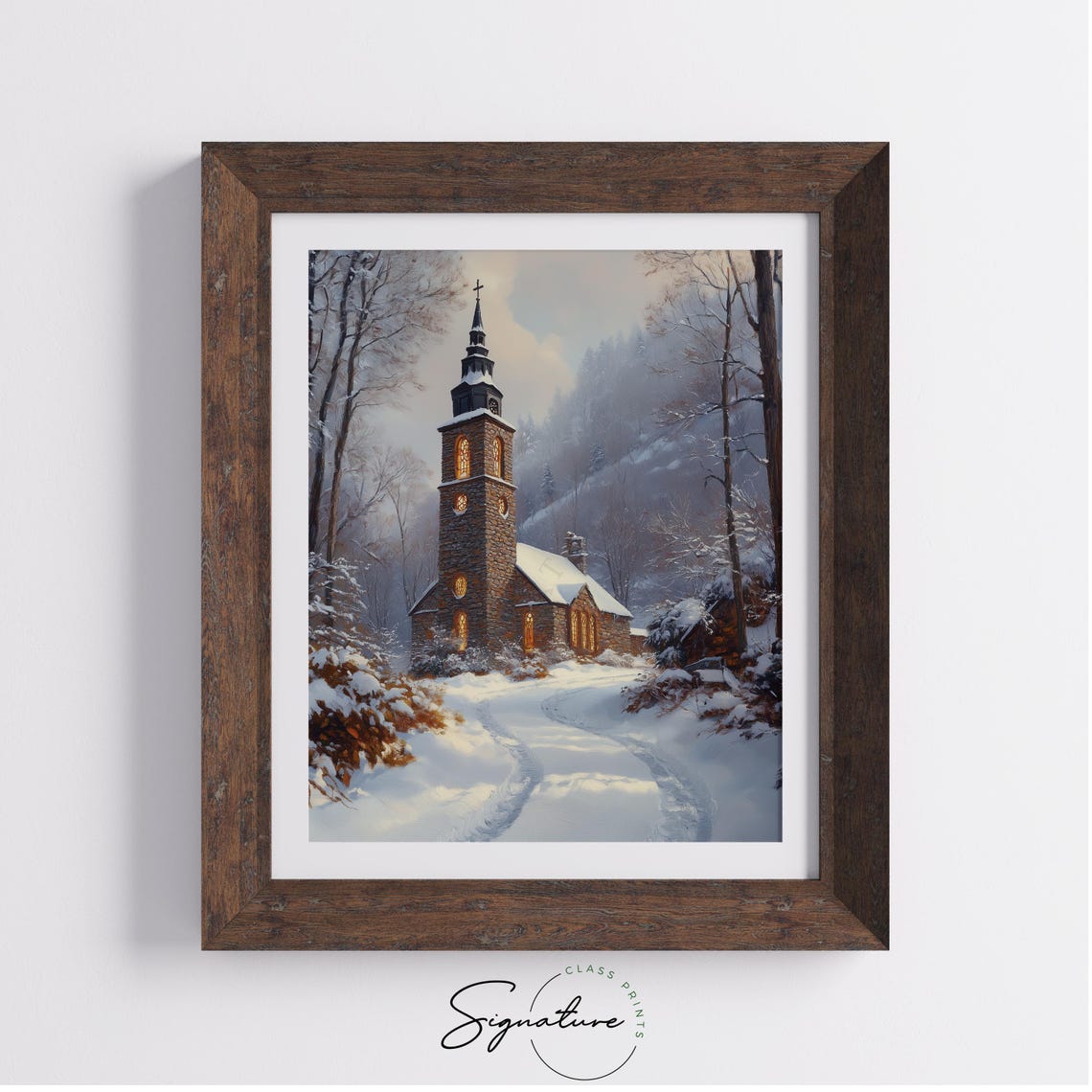 Snowy Stone Church With Glowing Windows And Tall Spire Winter Wall Art - Image 3