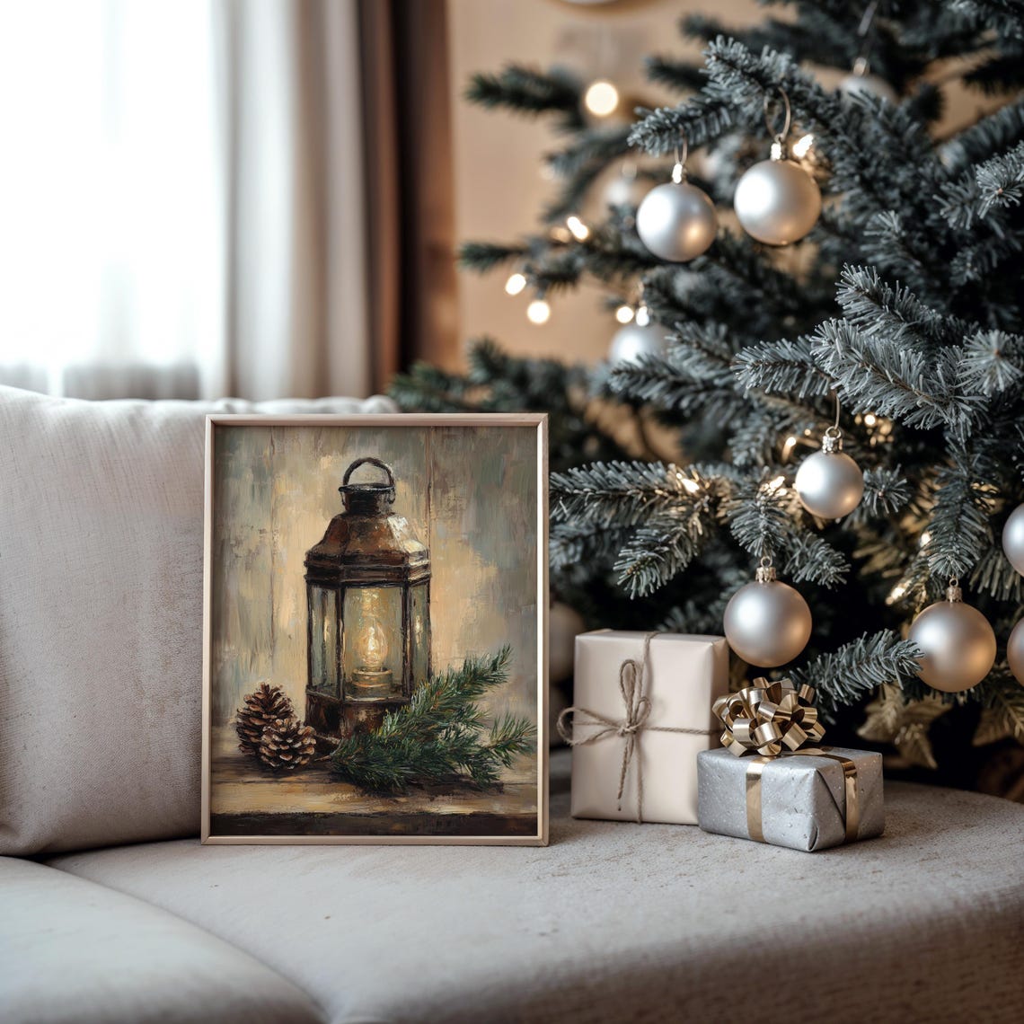 Glowing Rustic Lantern with Pinecones Winter Oil Painting Print - Image 5