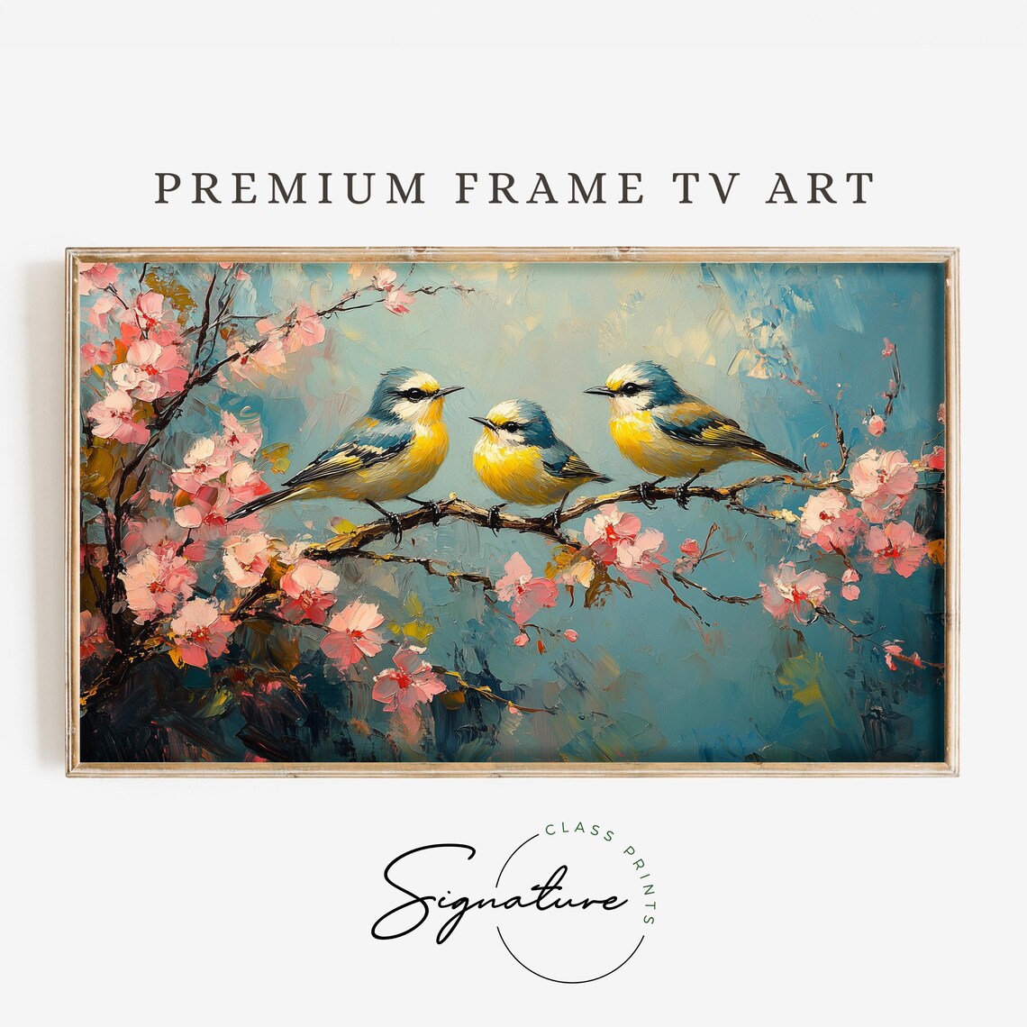 Goldcrest Trio On Cherry Blossom Branch Spring Bird Painting Art Poster