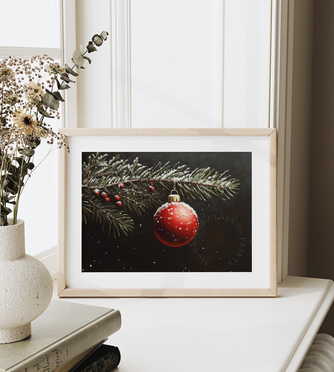 Red Christmas Ornament On Snowy Evergreen Branch Dark Style Poster - Image 6