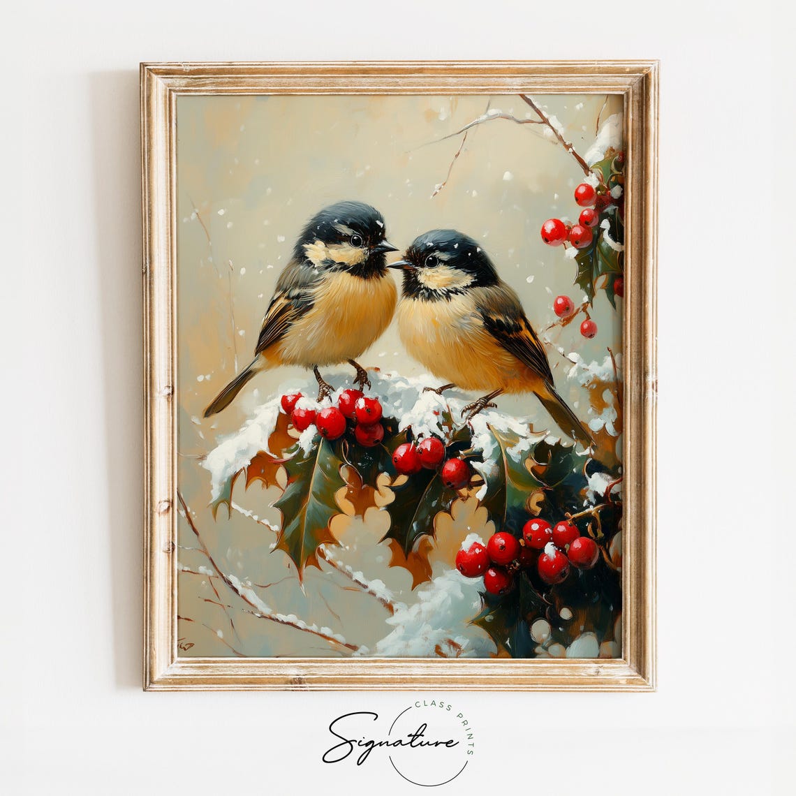Two Chickadees With Holly And Berries On Snowy Branch Poster