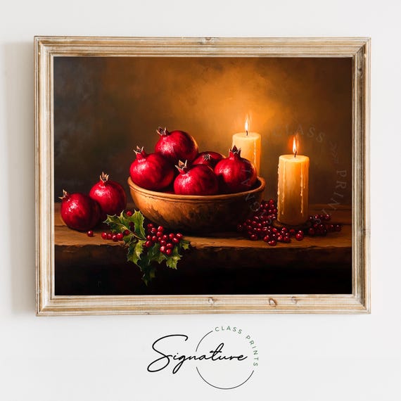 Warm Moody Holiday Centerpiece With Pomegranates Rustic Christmas Wall Art Farmhouse Winter Kitchen Decor Vintage 2719