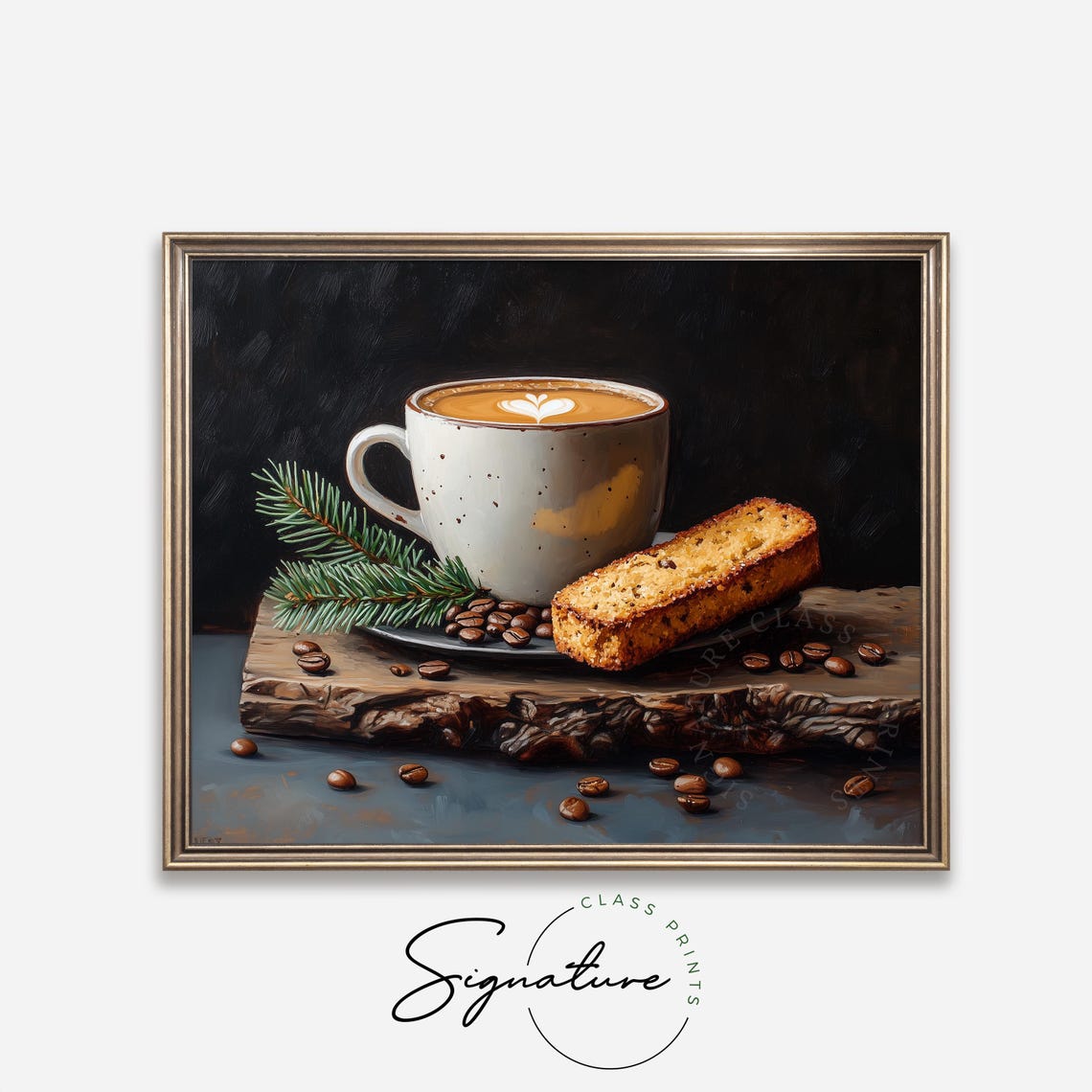 Latte Art Coffee Cup With Biscotti And Pine Sprig Kitchen Poster - Image 4