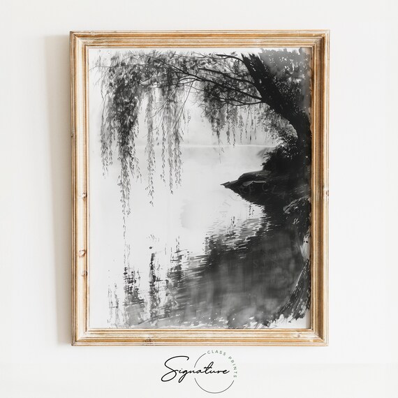 Pond With Overhanging Willow Sketch Art Print