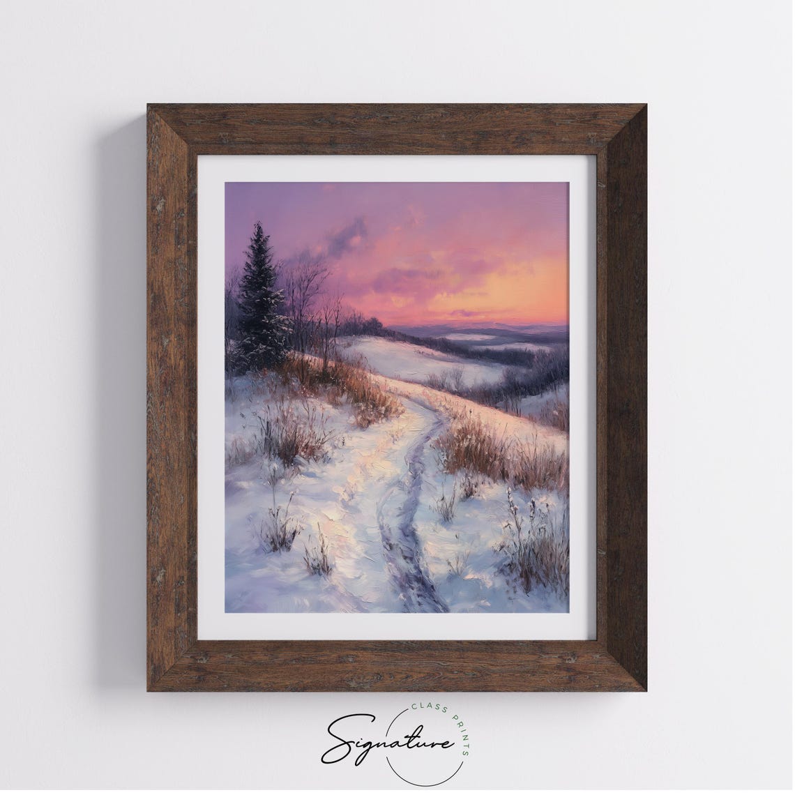 Snowy Path Through Soft Rolling Hills Pink Dusk Landscape Poster - Image 2