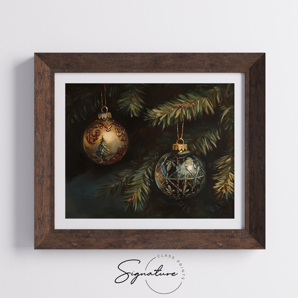 Two Antique Glass Christmas Baubles On A Dark Pine Branch Poster - Image 5