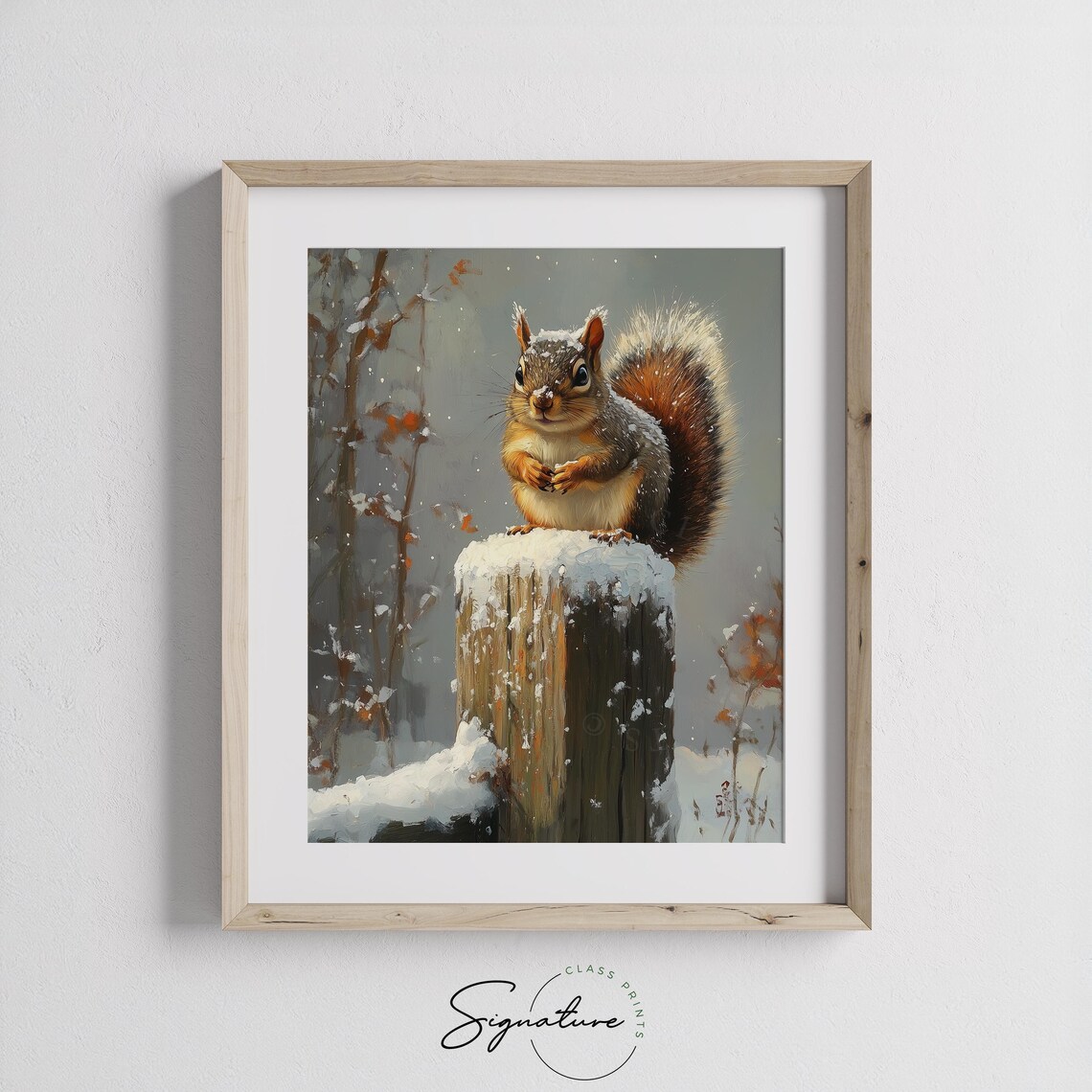 Red Squirrel Snowy Tree Stump Winter Woodland Animal Oil Painting Poster - Image 3