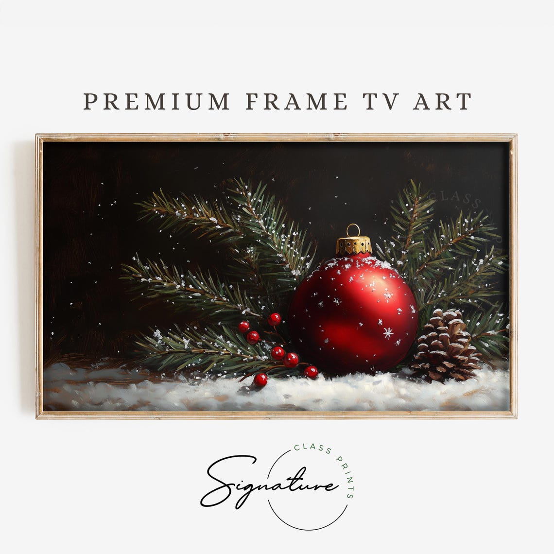 Red Christmas Ornament With Snow Among Pine Branches Holiday Poster