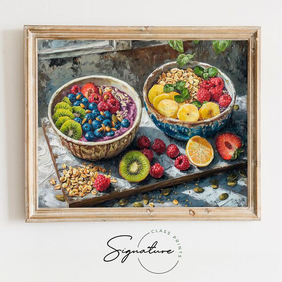 Colorful Acai Berry Bowls Fresh Fruit Breakfast Table Poster