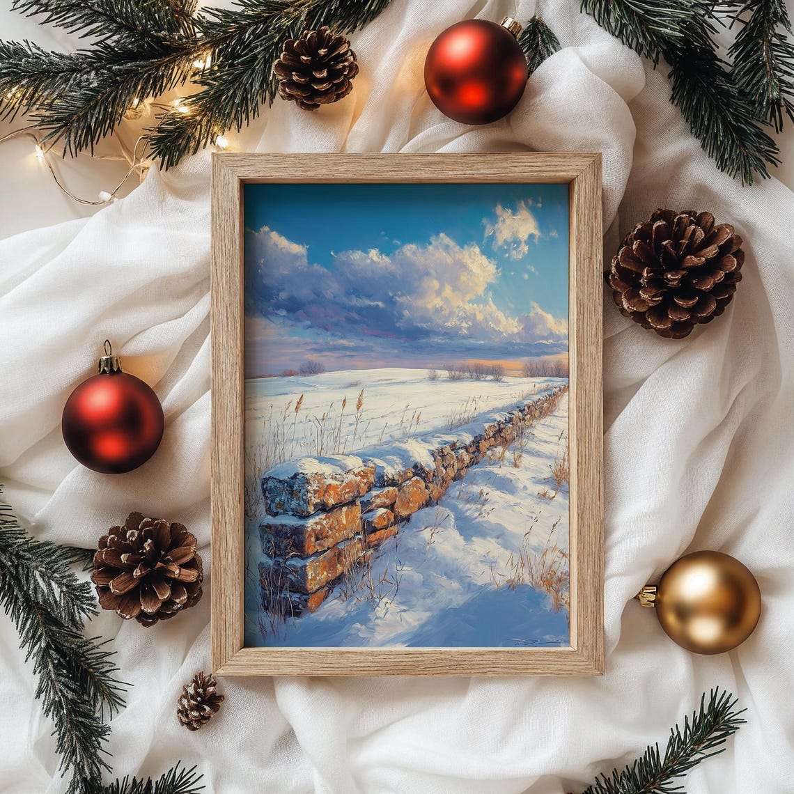 Snowy Stone Wall Winter Field Dramatic Bright Sky Landscape Poster - Image 4