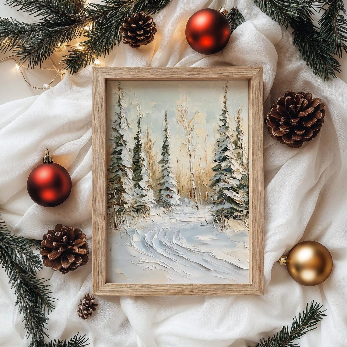 Snow Laden Evergreens with Curving Trail Impasto Winter Poster - Image 5