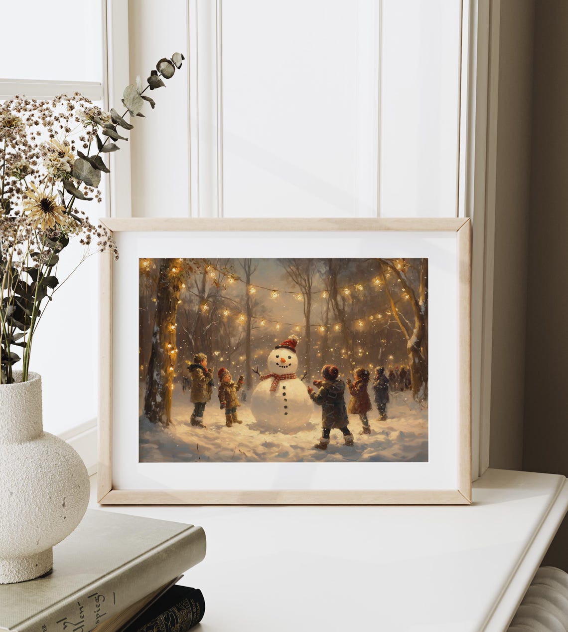 Children Building Snowman Under String Lights Snowy Night Poster - Image 6