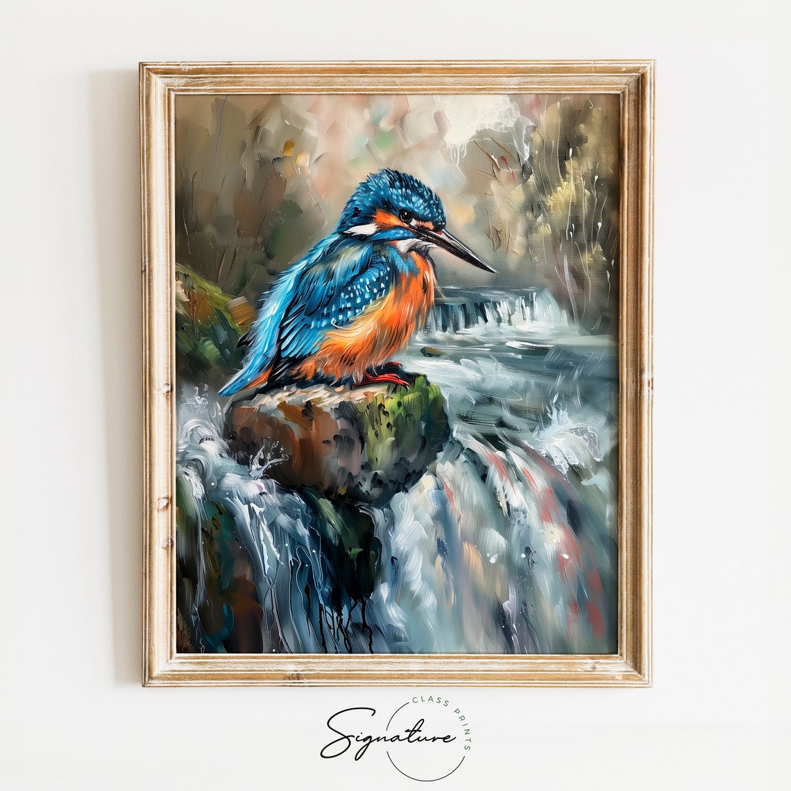 Kingfisher Perched By Waterfall Vivid Blue Bird Painting Poster