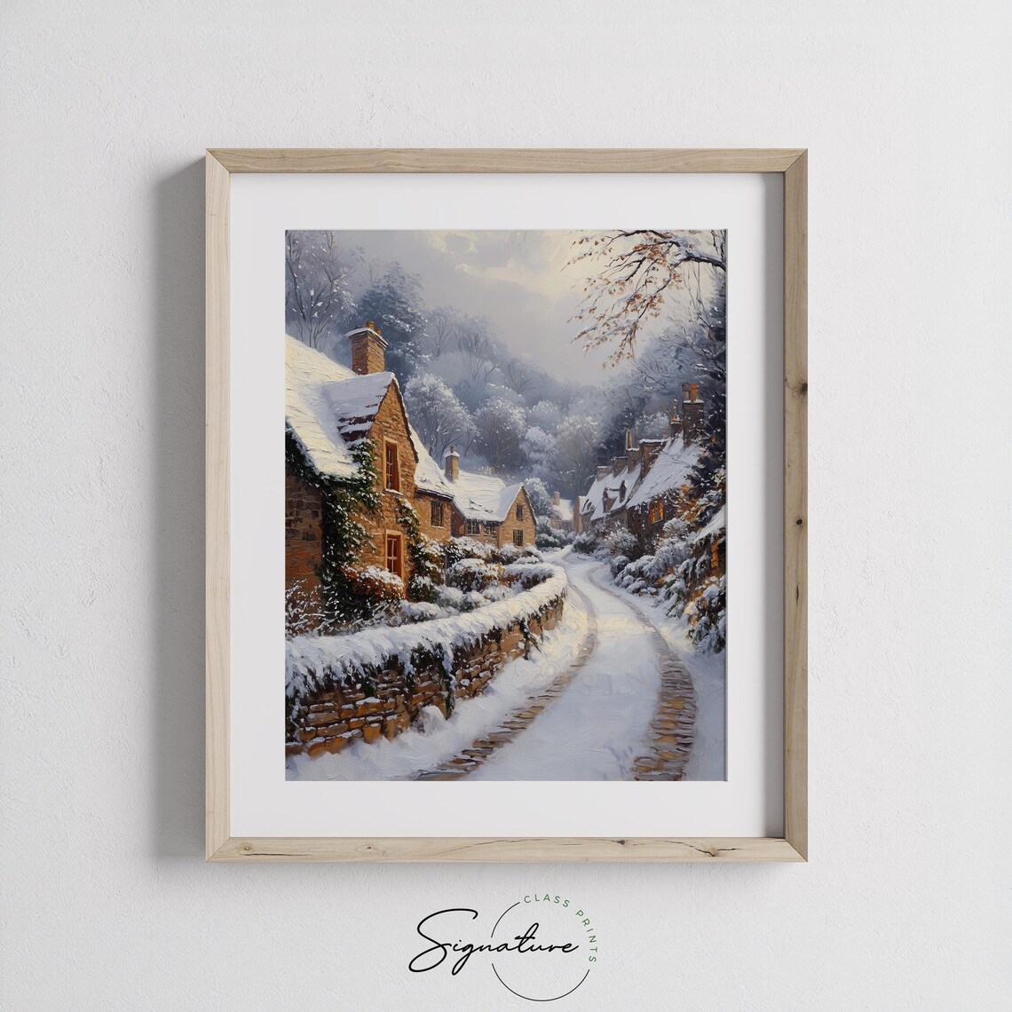 Snowy Village Street with Stone Cottages and Chimneys Poster - Image 2