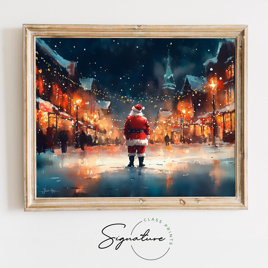 Santa Walking Down Festive Lit Street Night Church Steeple Poster