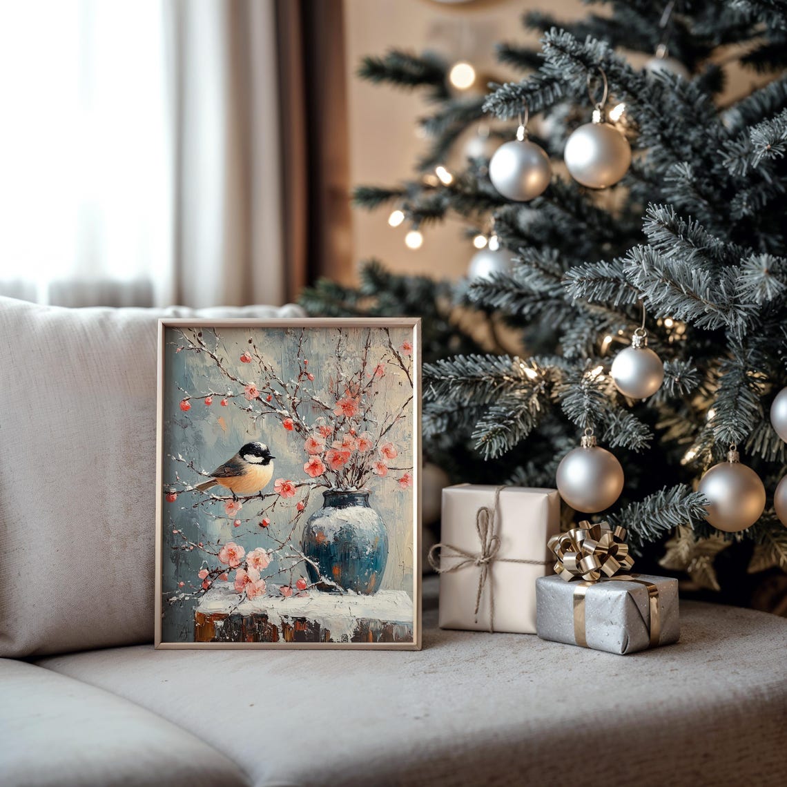 Chickadee Perched on Pink Blossom Branch Winter Oil Painting Print - Image 5