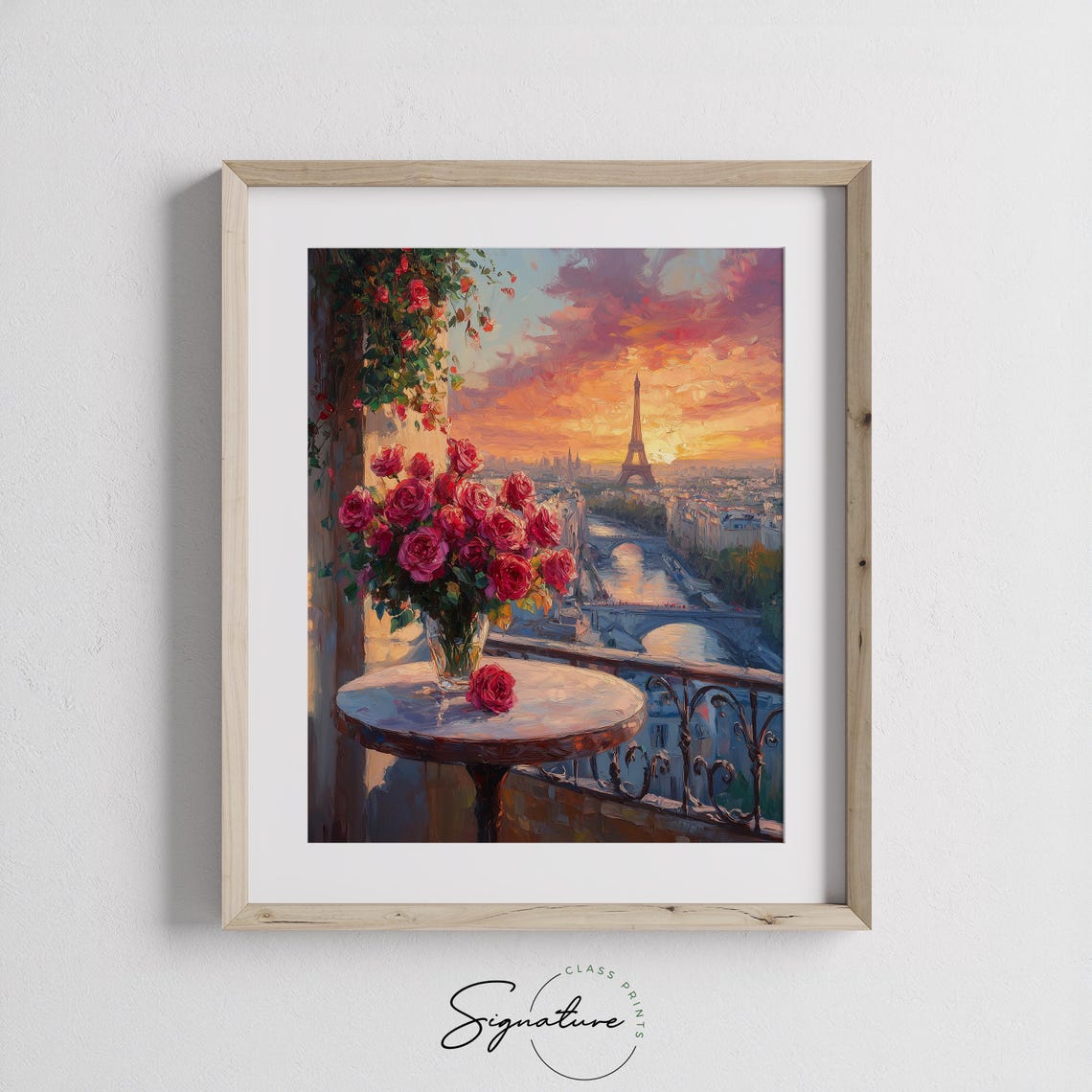 Paris Balcony Roses Eiffel Tower Sunset Seine View Romantic Art Poster - Image 3