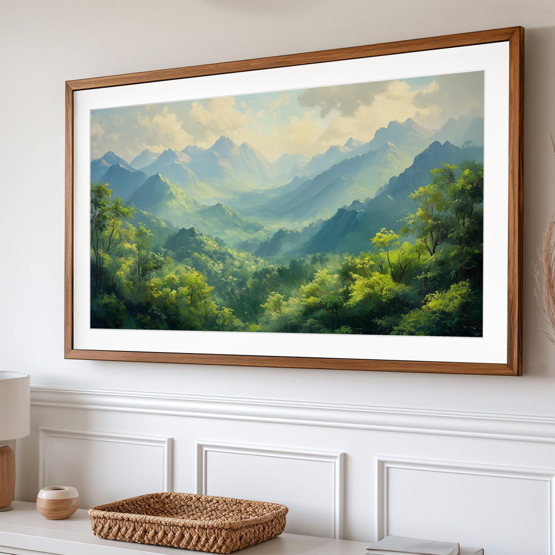 Tropical Green Mountain Range Palm Jungle Misty Blue Peaks Wall Art - Image 2