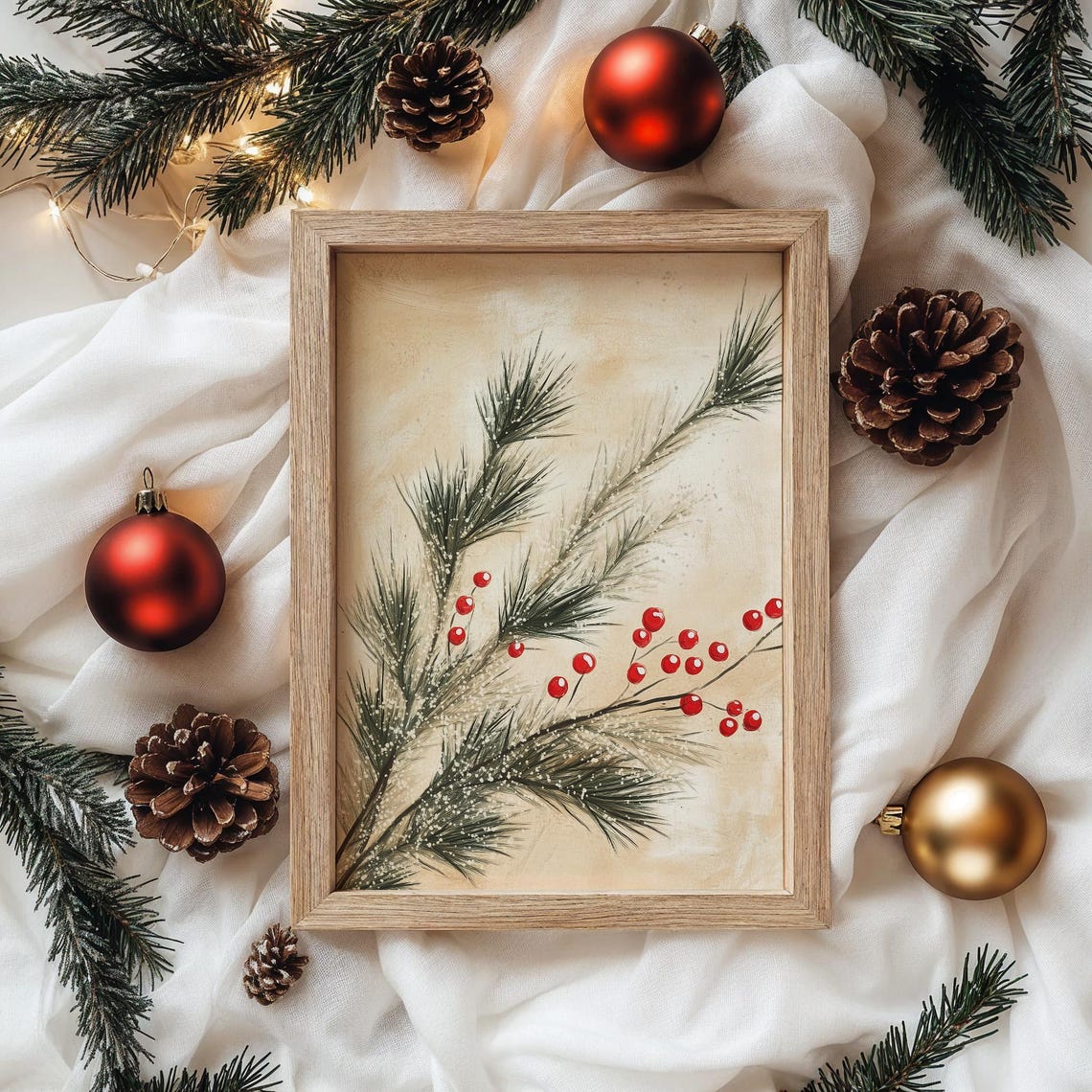 Snowy Pine Branches with Red Berries Minimalist Winter Poster - Image 4