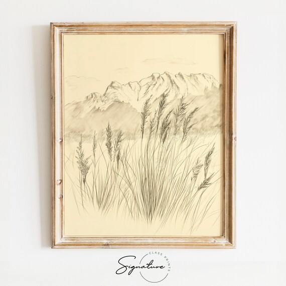 Mountain And Grass Art Snow Capped Peaks Field Of Wild Grass Nature Wall Decor Serene Landscape Sketch Drawing 788