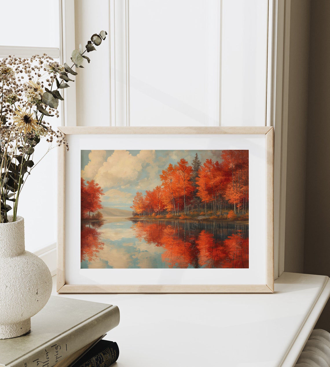 Vivid Orange Maple Trees Mirrored In Still Lake Clouds Poster - Image 6