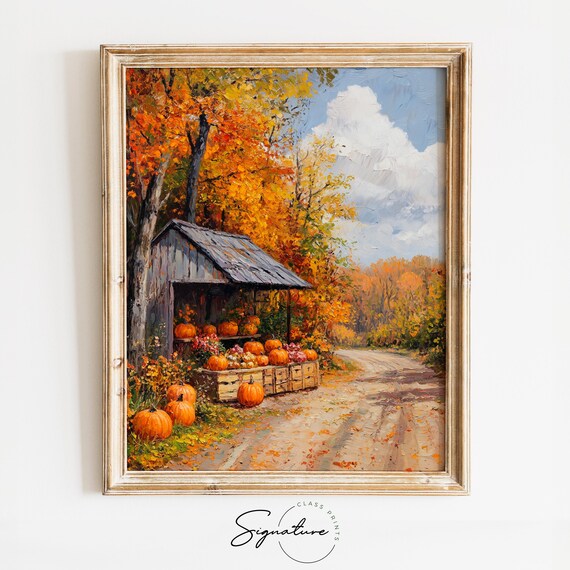 Charming Roadside Pumpkin Stand Under Autumn Maples Impasto Wall Art
