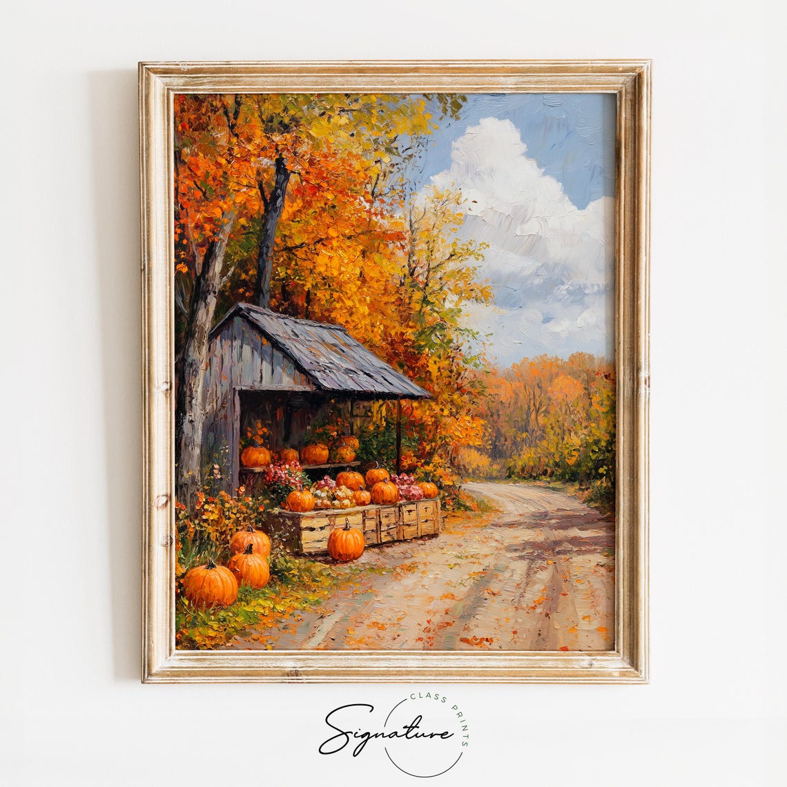 Charming Roadside Pumpkin Stand Under Autumn Maples Impasto Wall Art