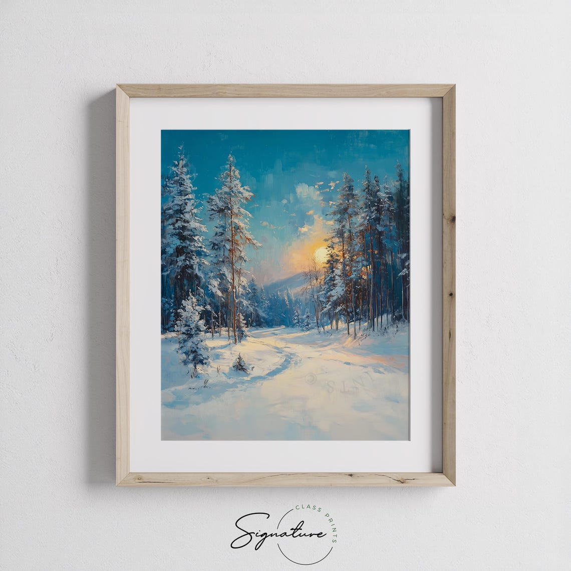 Snowy Pine Forest at Dusk Blue Winter Landscape Oil Painting Print - Image 2