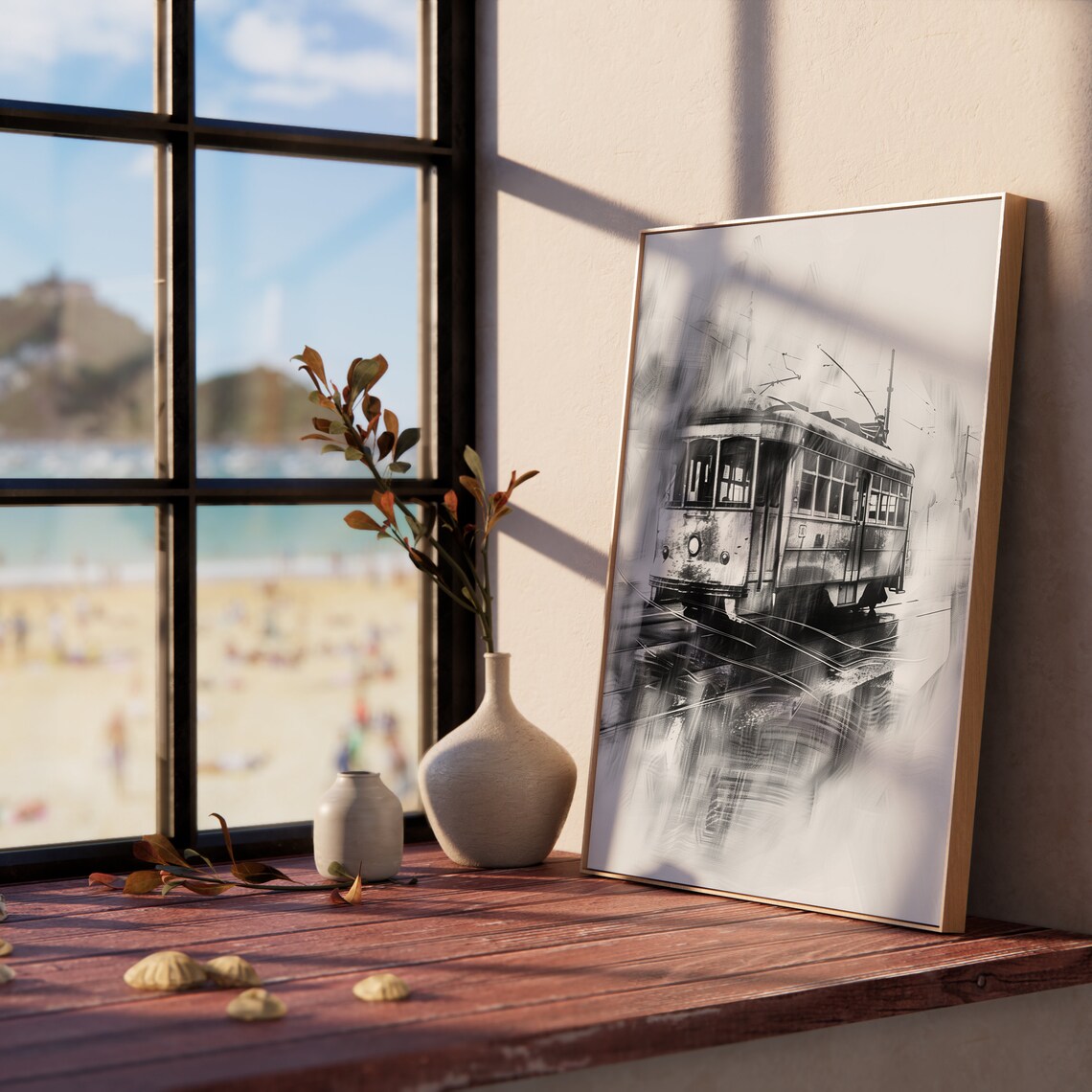Vintage Streetcar on Rainy Street Black and White City Poster - Image 5