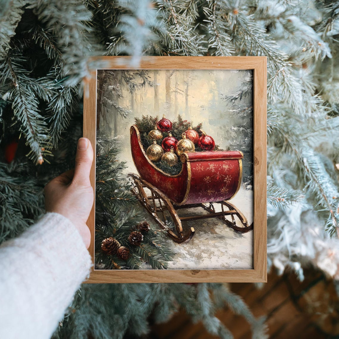 Red Vintage Sleigh Full of Ornaments Snowy Forest Christmas Print - Image 6