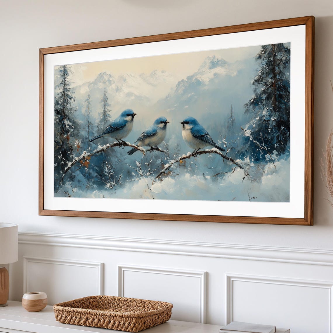 Bluebirds On Snowy Branch Winter Mountain Landscape Scene Poster - Image 2