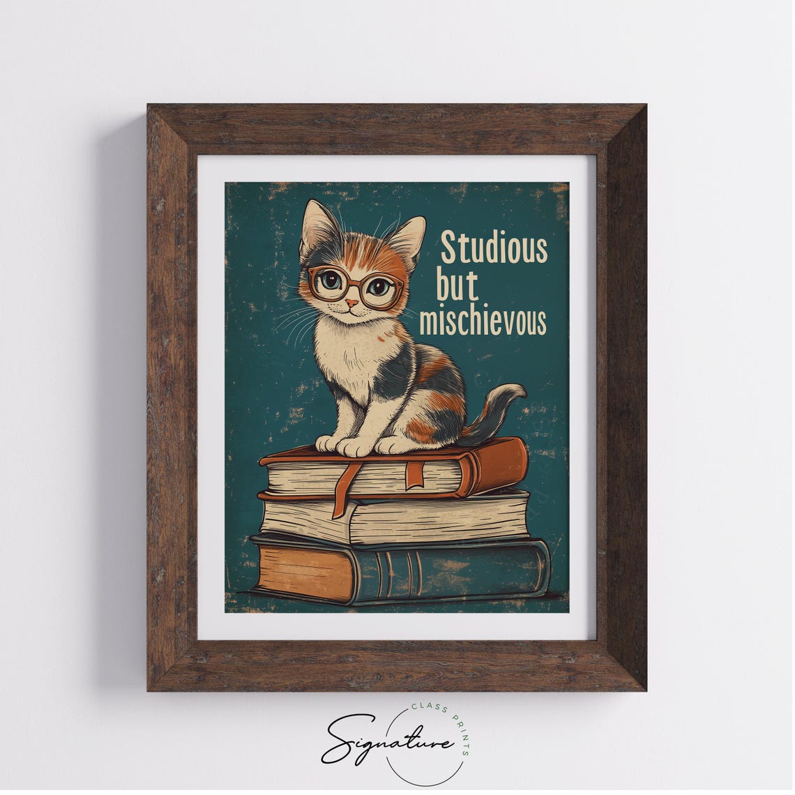 Studious But Mischievous Funny Cat With Glasses On Books Quote Poster - Image 4