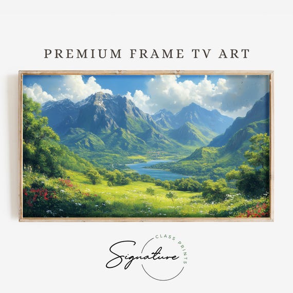 Green Mountain Forest Valley Tv Art Nature Scene Frame Tv Art Rustic Scenic Painting Wall Decor 3503