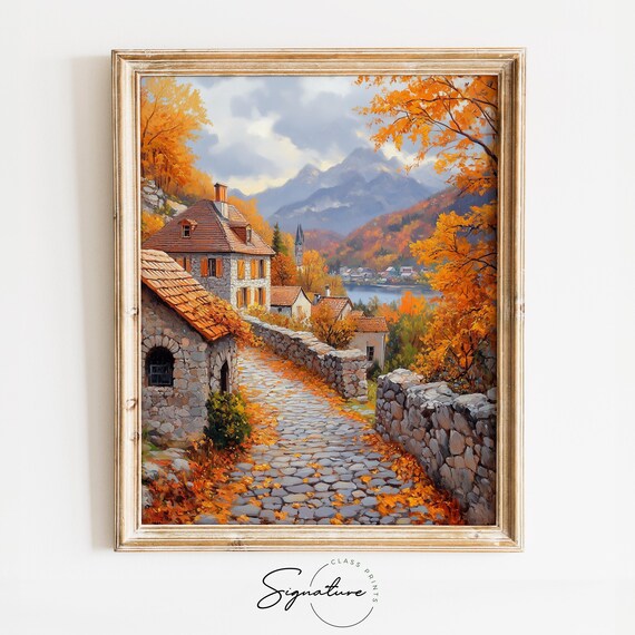 Alpine Autumn Village Cobblestone Lane Mountains Lake View Poster
