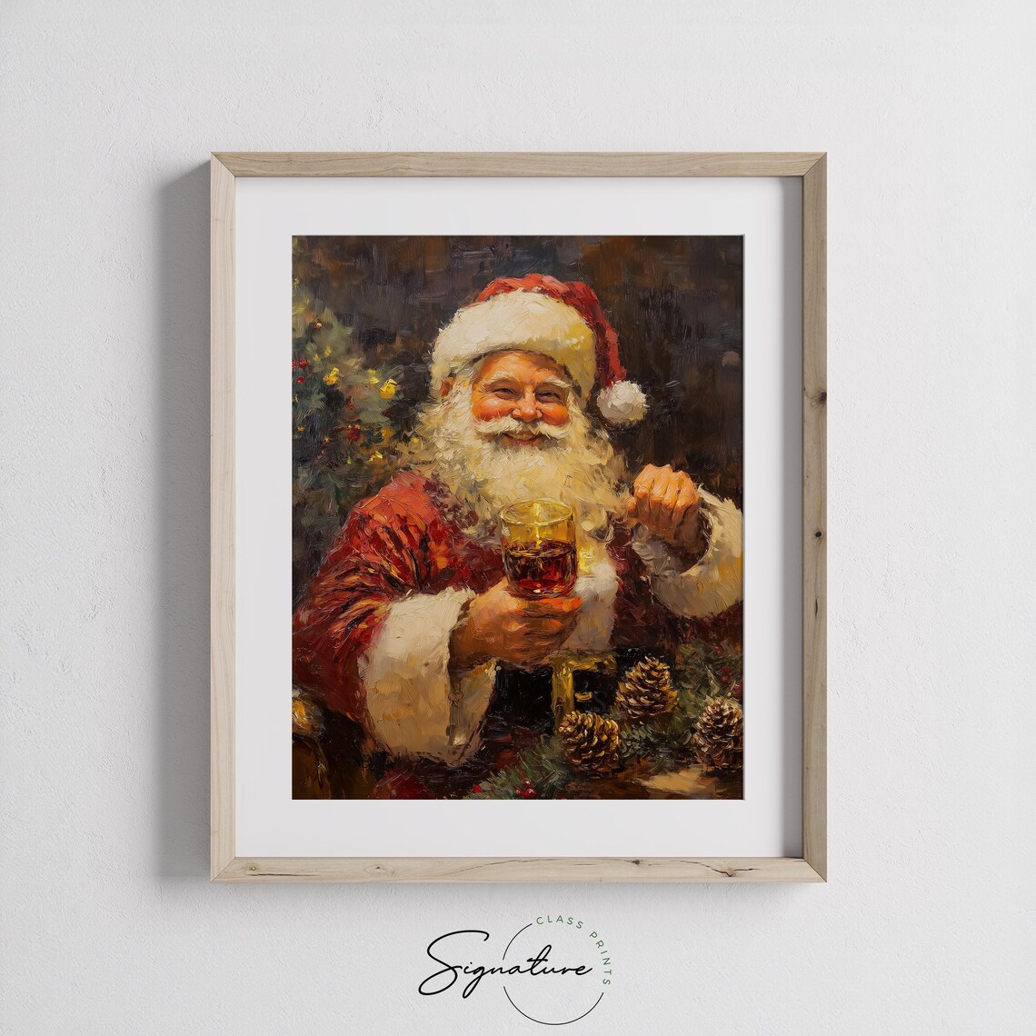 Smiling Santa Claus Holding Hot Drink Christmas Oil Painting Print - Image 2