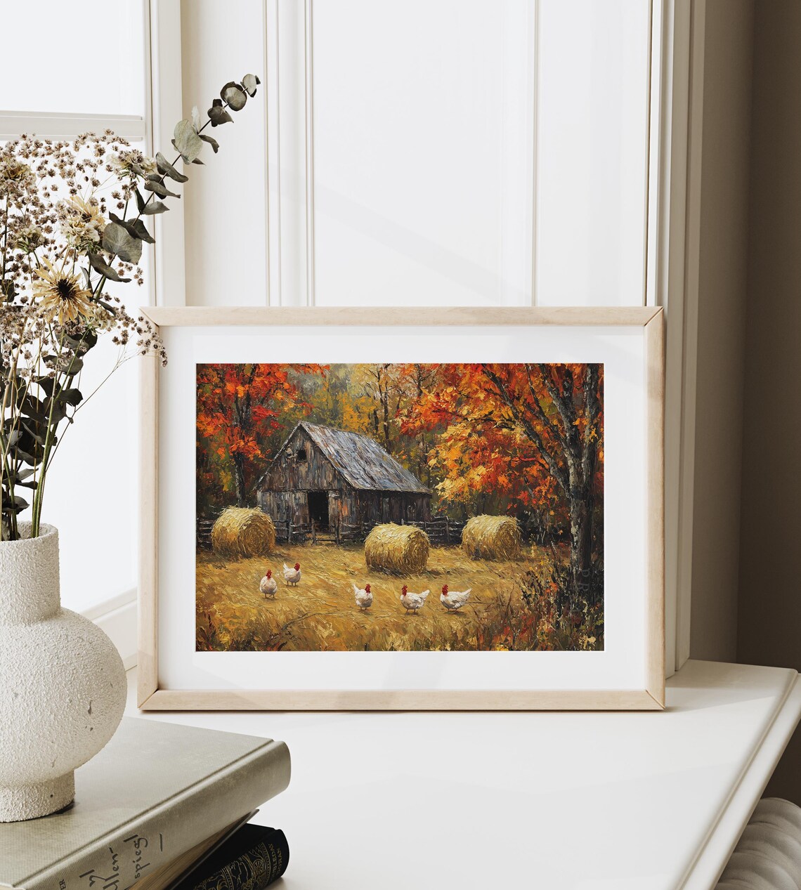 Rustic Barn Chickens Painting Autumn Hay Bales Fall Farm Landscape Poster - Image 6