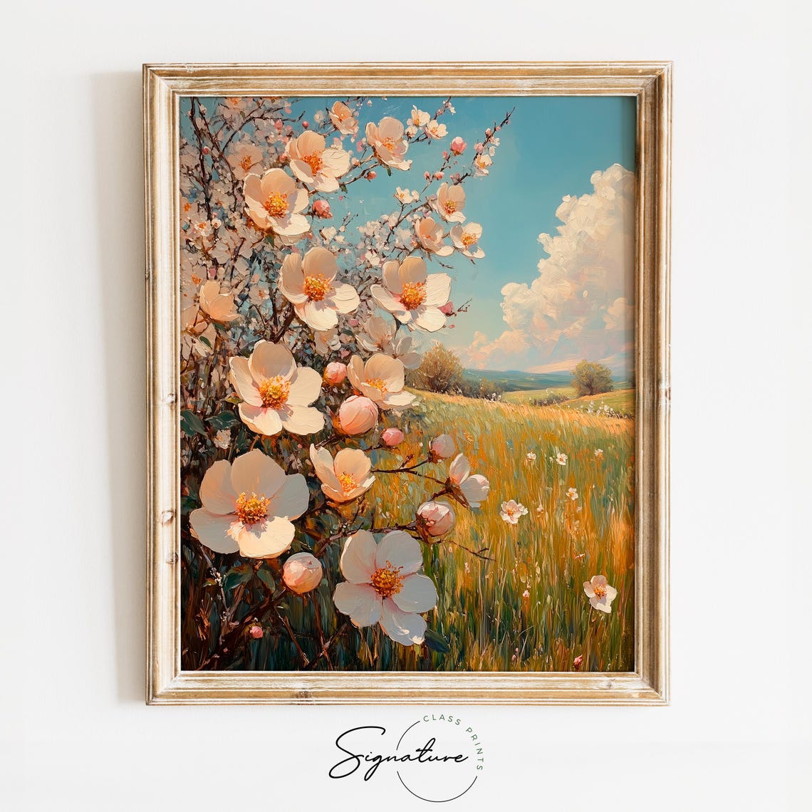Blooming White Blossom Branch Over Sunny Meadow Spring Floral Poster
