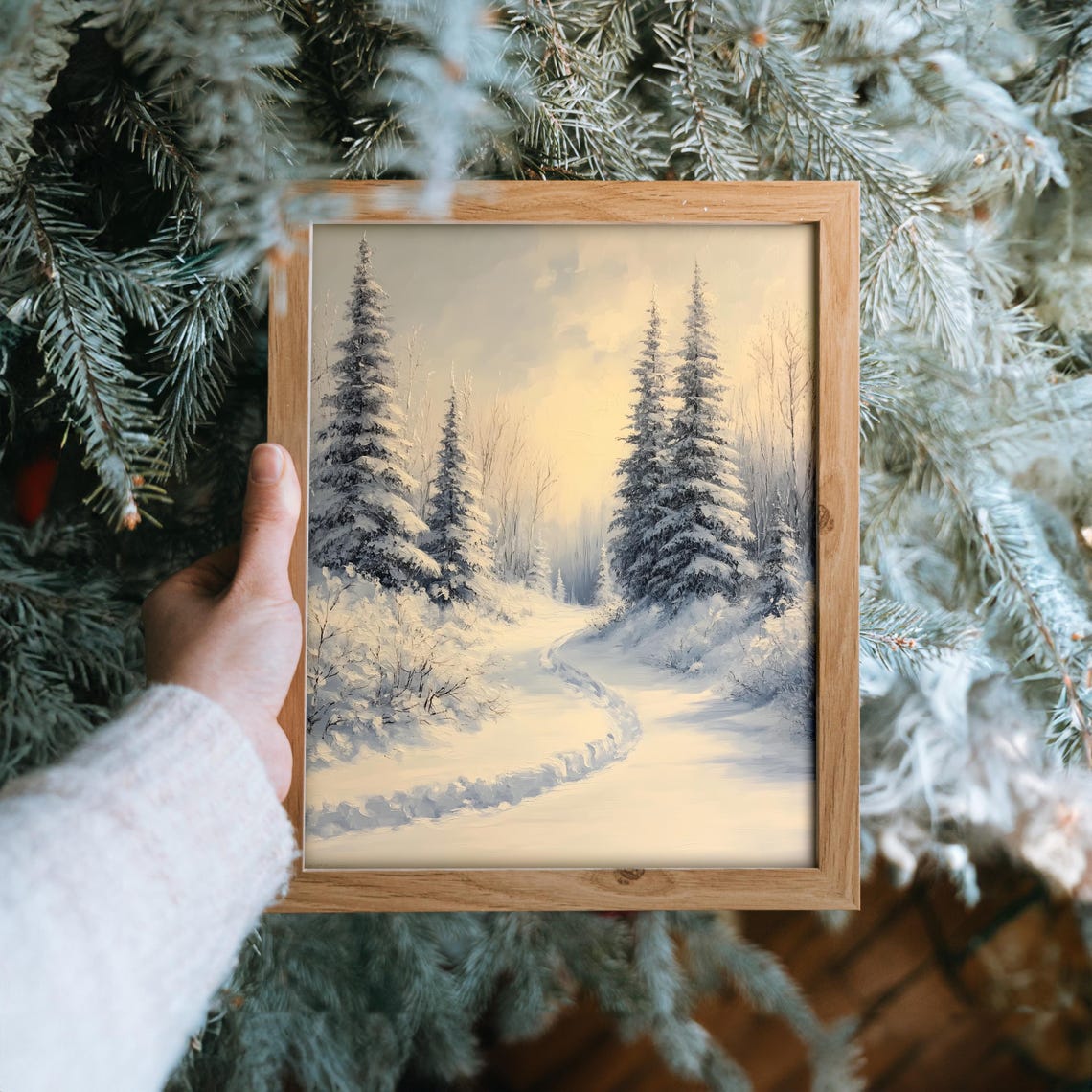 Snowy Trail Between Frosty Fir Trees in Soft Winter Light Poster - Image 6