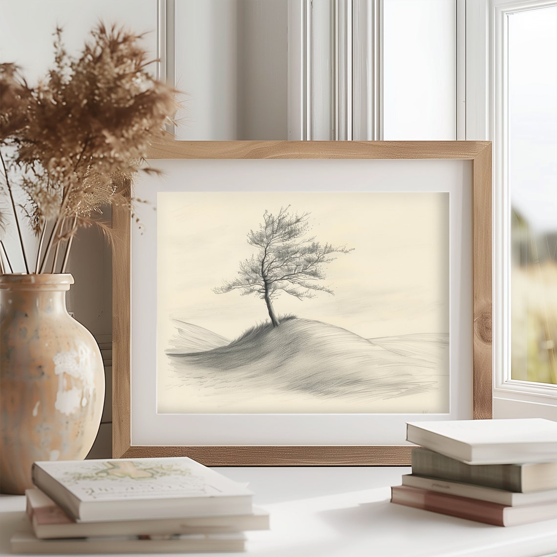 Solitary Tree Rolling Hillside Delicate Pencil Sketch Poster - Image 2