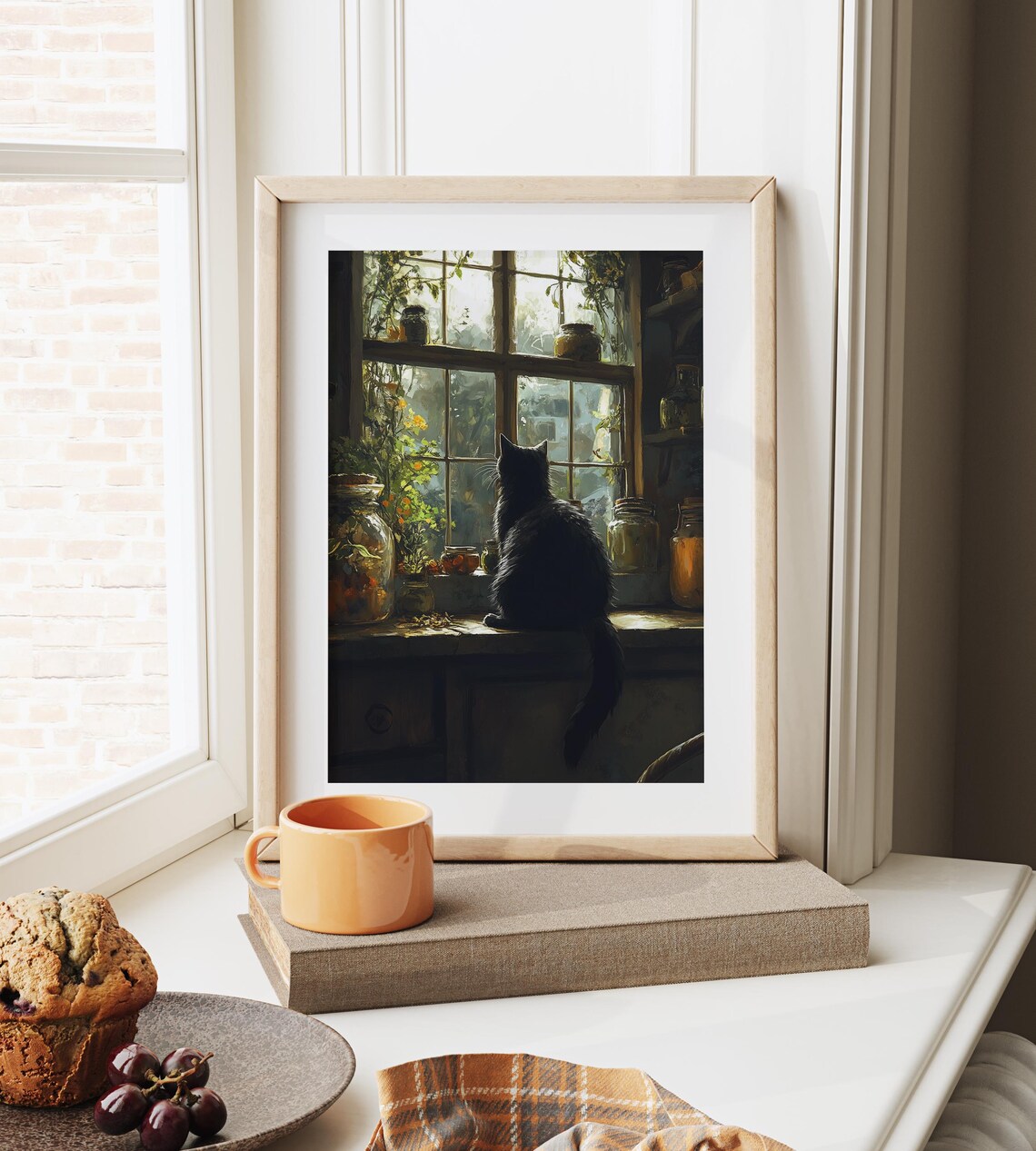 Black Cat Kitchen Windowsill Warm Light Rustic Potions Herbs Art Poster - Image 6