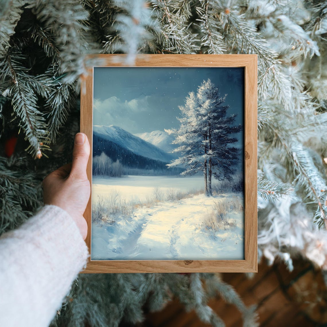 Moonlit Frosty Meadow With Snowy Tree And Mountain View Poster - Image 6